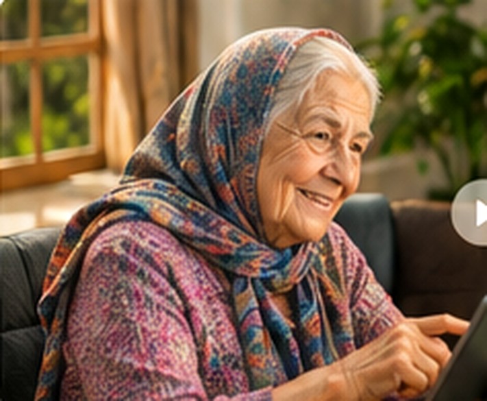 بانویی سالمند با لبخند در فضای باز